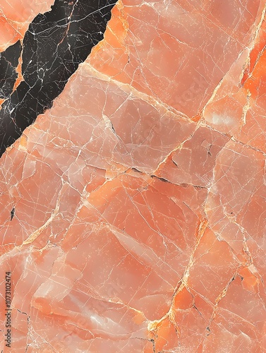 A close-up view of a beautifully veined marble texture, showcasing warm peach and cream tones contrasted with dark patches, highlighting the natural elegance of stone.