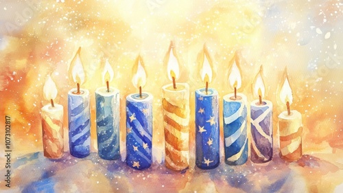 Serene watercolor Hanukkah candle scene with warm colors, blue and gold tones, and delicate star patterns. Hanukkah photo