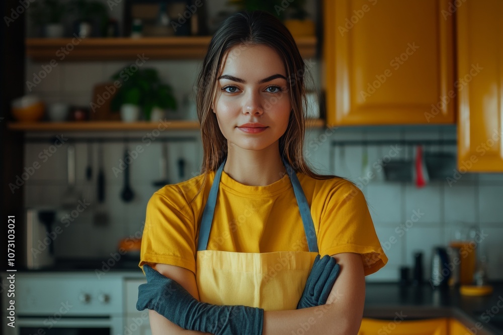 Confident housekeeper with cleaning business ready to polish furniture in cozy kitchen indoors Confident housekeeper with cleaning business ready to polish furniture in cozy kitchen indoors
