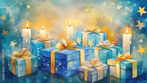 Watercolor Hanukkah gifts in blue and gold with candles and stars, creating a joyful, festive holiday scene. Hanukkah photo