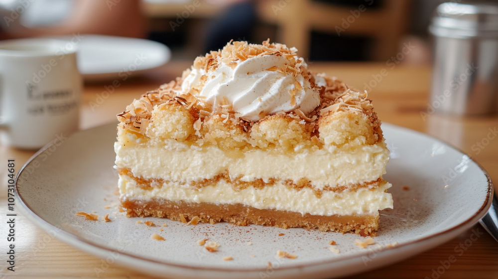 Delicious coconut cream pie slice topped with whipped cream on a plate indoors Delicious coconut cream pie slice topped with whipped cream on a plate indoors