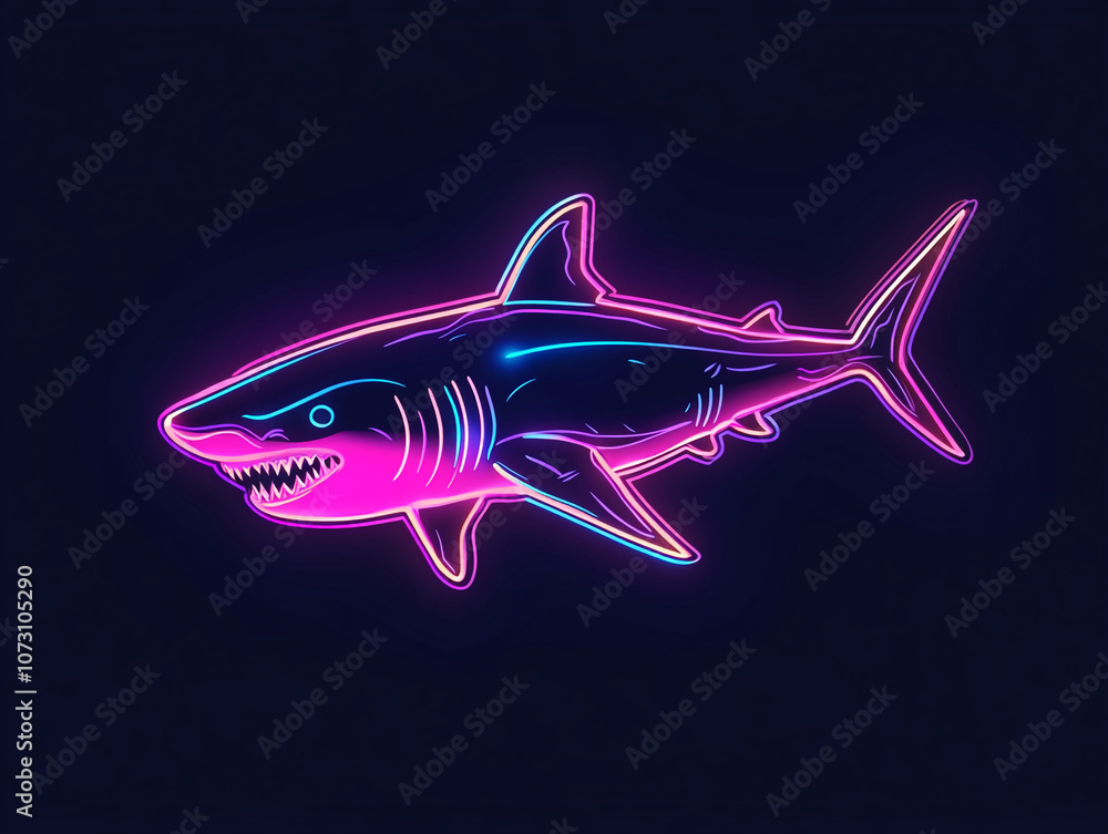 Naklejka premium A neon pink and blue shark glows against a dark background. This digital illustration captures the power and beauty of this iconic sea creature