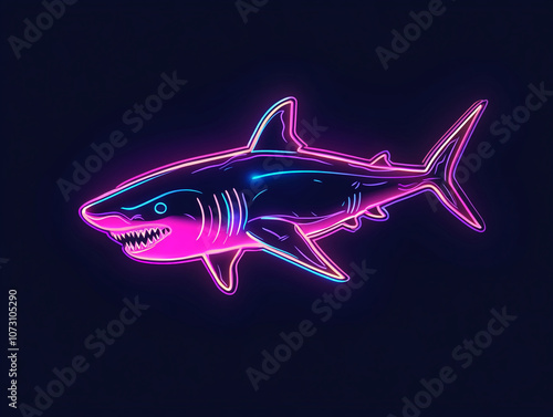 Wallpaper Mural A neon pink and blue shark glows against a dark background. This digital illustration captures the power and beauty of this iconic sea creature Torontodigital.ca