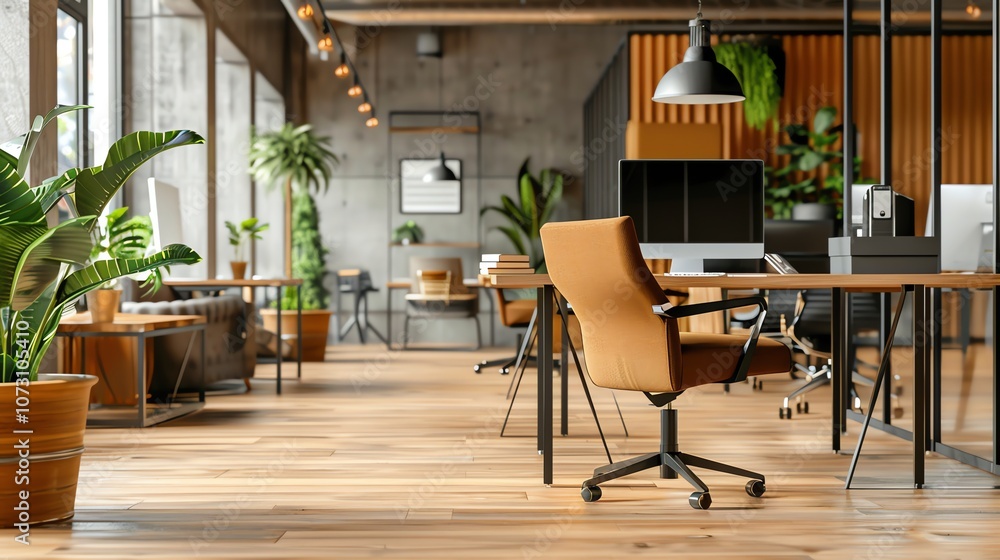 A modern office space with a brown leather office chair in the foreground. A modern office space with a brown leather office chair in the foreground.