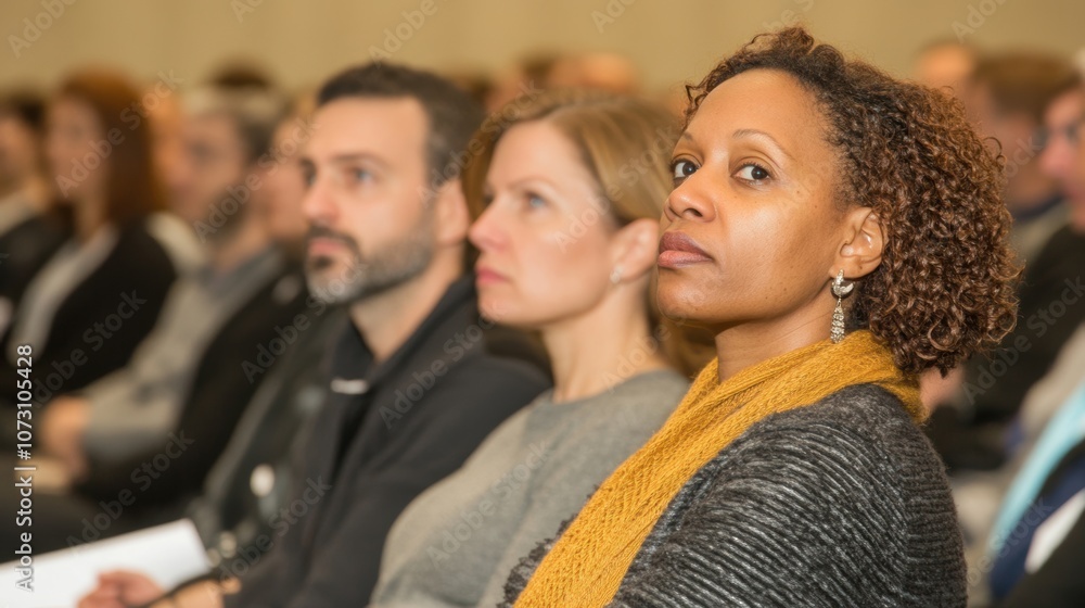 A focused audience attending a presentation, with a woman in the foreground looking attentively at the speaker, showcasing engagement and interest. A focused audience attending a presentation, with a woman in the foreground looking attentively at the speaker, showcasing engagement and interest.