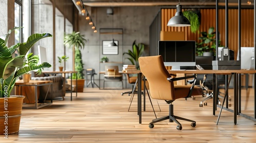 A modern office space with a brown leather office chair in the foreground.