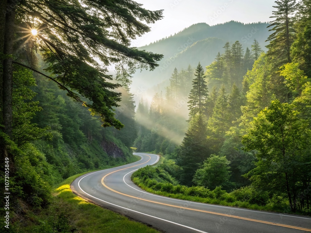 Scenic Portrait of a Winding Highway Journey Through a Lush Green Forest Bathed in Sunlight, Capturing the Essence of Adventure and Nature's Beauty in a Vertical Format Scenic Portrait of a Winding Highway Journey Through a Lush Green Forest Bathed in Sunlight, Capturing the Essence of Adventure and Nature's Beauty in a Vertical Format