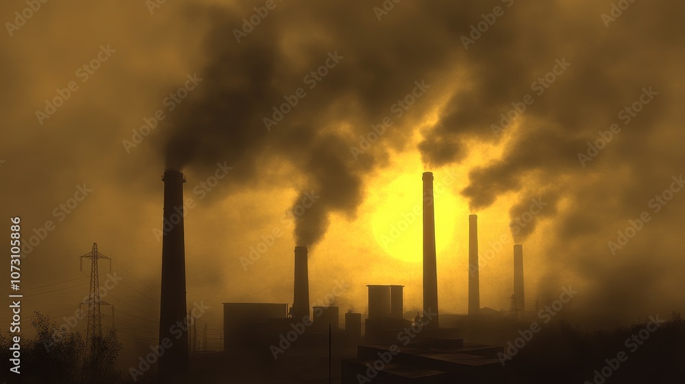 Urban Landscape in Dense Fog with Silhouetted Smokestacks Urban Landscape in Dense Fog with Silhouetted Smokestacks