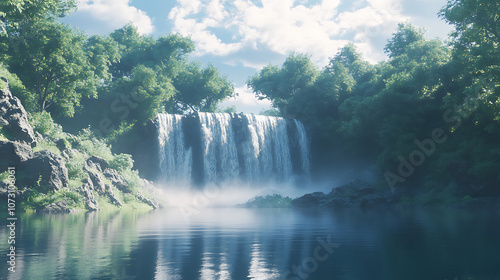 A waterfall hidden behind a curtain of trees, with a serene pool at its base reflecting the surrounding nature and sky  photo