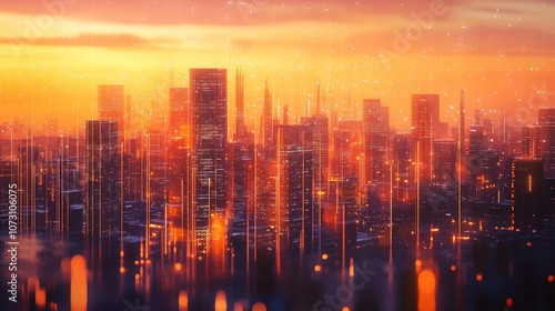 A vibrant city skyline at sunset, showcasing futuristic buildings illuminated in orange and gold hues.