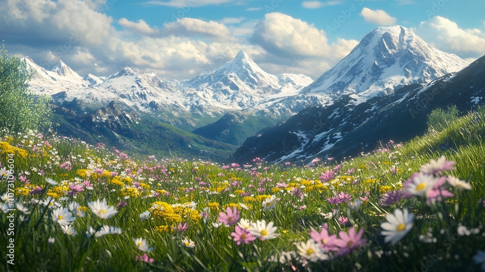 A vibrant mountain landscape filled with colorful wildflowers and snow-capped peaks. A vibrant mountain landscape filled with colorful wildflowers and snow-capped peaks.