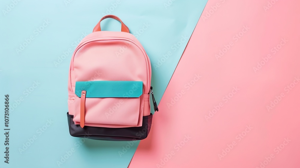 A pink backpack on a pink and blue background. A pink backpack on a pink and blue background.