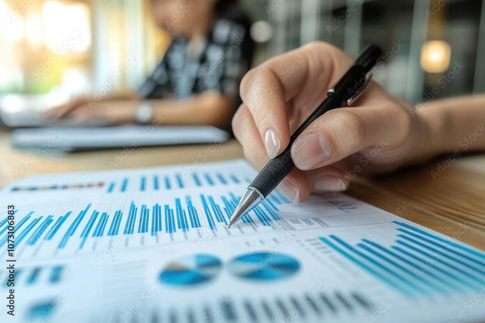 Close-up of hand analyzing financial data on a printed report Close-up of hand analyzing financial data on a printed report
