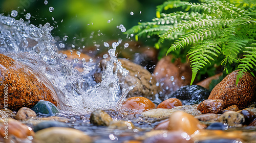 A close-up of water splashing over rocks at a hidden waterfall, with ferns and colorful stones lining the riverbank 