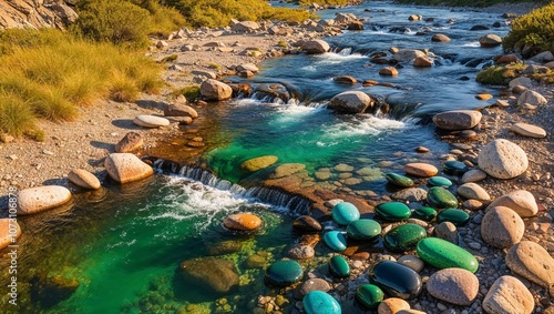 Breathtaking Aerial View of a Serene Mountain Stream Surrounded by Lush Greenery Perfect for Nature Lovers