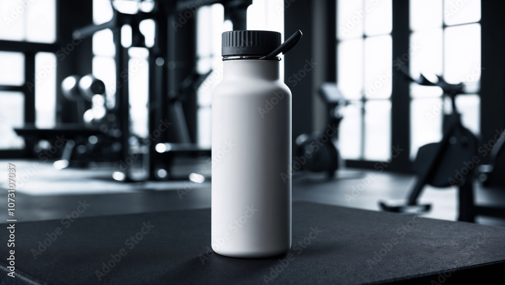 A white water bottle sits on a black surface in a gym A white water bottle sits on a black surface in a gym