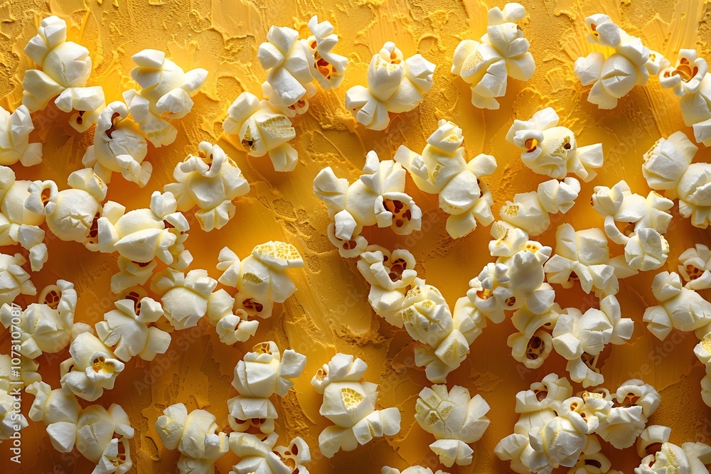 Popcorn Explosion on Vibrant Yellow Background for Snack Time and Movie Night Themes Popcorn Explosion on Vibrant Yellow Background for Snack Time and Movie Night Themes