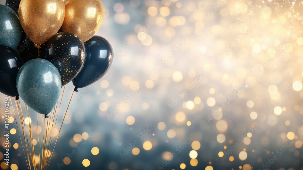 A bunch of shimmering black and gold balloons set against a bokeh backdrop, symbolizing celebration, luxury, and festive occasions. A bunch of shimmering black and gold balloons set against a bokeh backdrop, symbolizing celebration, luxury, and festive occasions.