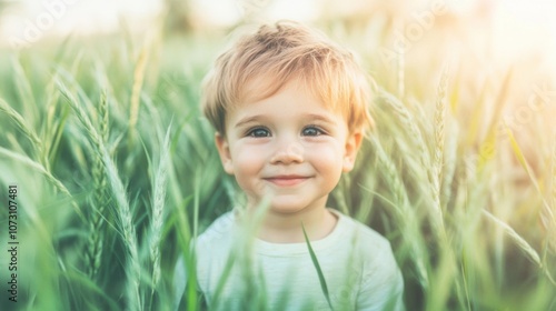 Smiling child with blond hair playing among tall green wheat stalks, enjoying the fresh air and sunlight on a summer day.