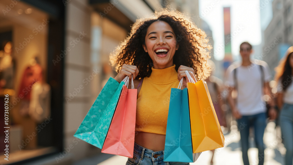 Joyful Asian Woman with Shopping Bags in Urban Setting - Perfect for Retail Ads and Fashion Campaigns Joyful Asian Woman with Shopping Bags in Urban Setting - Perfect for Retail Ads and Fashion Campaigns