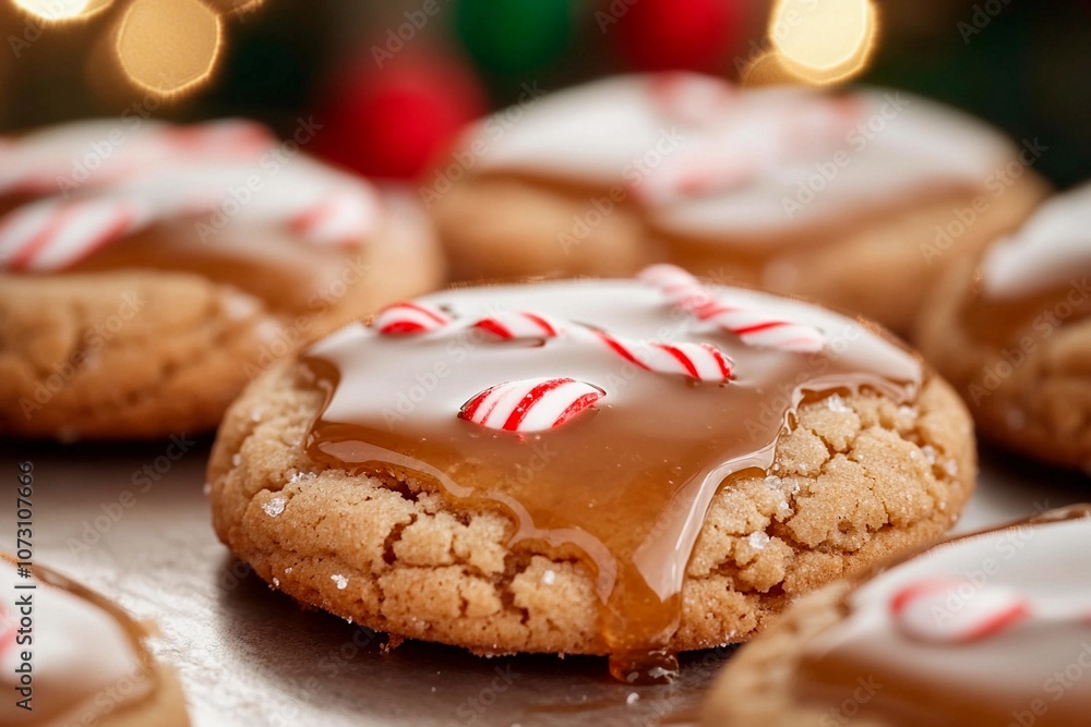 Gingerbread cookies topped with caramel and peppermint for festive delights. Generative AI Gingerbread cookies topped with caramel and peppermint for festive delights. Generative AI
