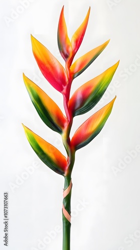 A vibrant heliconia flower with colorful bracts and green stems, showcasing natural beauty. photo