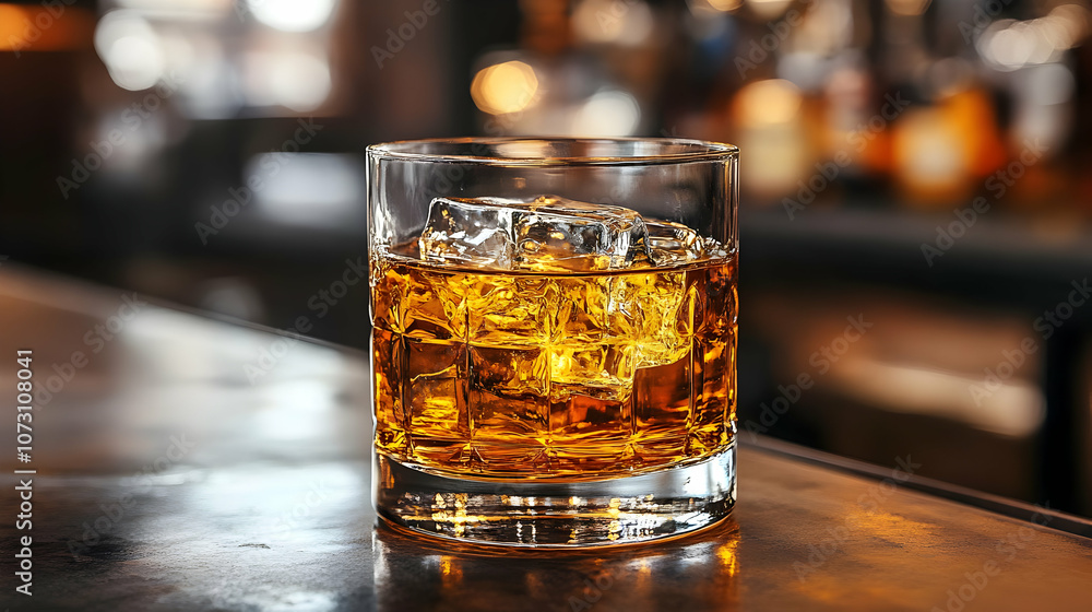Glass of Whiskey with Ice on Bar Counter - Realistic Image Glass of Whiskey with Ice on Bar Counter - Realistic Image