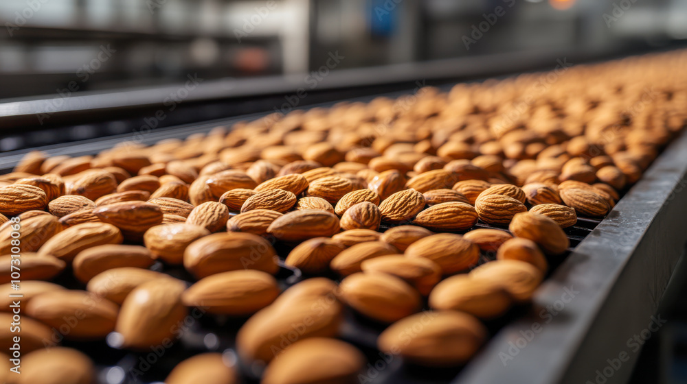 Fototapeta premium Almonds on conveyor belt in factory indicating industrial food processing