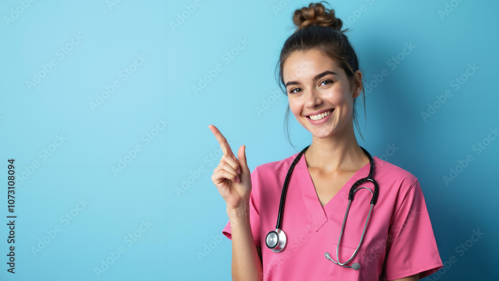 Friendly Female Doctor in Pink Scrubs Pointing: Perfect for Healthcare Marketing and Patient Education Friendly Female Doctor in Pink Scrubs Pointing: Perfect for Healthcare Marketing and Patient Education