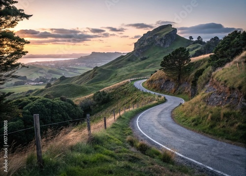 Serene Journey Along the Winding Road to Te Mata Peak, Hawkes Bay at Dusk – Low Light Photography Capturing Tranquility and Natural Beauty photo