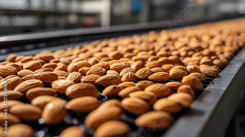 Almonds on conveyor belt in factory indicating industrial food processing
