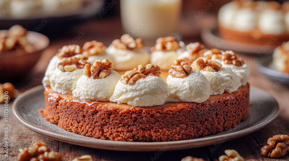 Delicious walnut cake topped with whipped cream and whole walnuts on rustic table Delicious walnut cake topped with whipped cream and whole walnuts on rustic table
