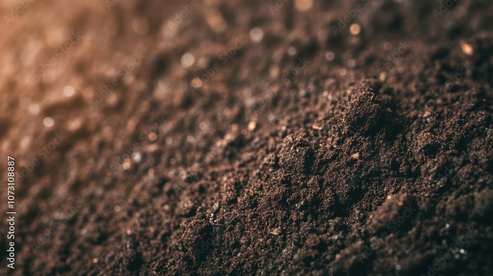 Detailed texture of moist, rich brown soil in a sunlit outdoor environment, showcasing organic material and earthiness Detailed texture of moist, rich brown soil in a sunlit outdoor environment, showcasing organic material and earthiness