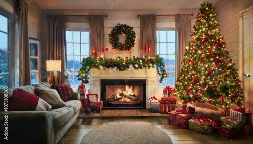 Living room decorated for Christmas  with a lit fireplace  hanging stockings and a Christmas tree
