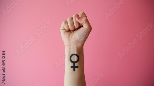 Empowered Female Fist with Venus Symbol on Pink Background photo