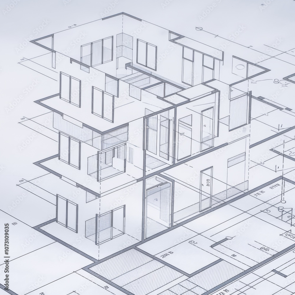 Technical Drawing of a Three-Story House with Floor Plans and Elevations Technical Drawing of a Three-Story House with Floor Plans and Elevations