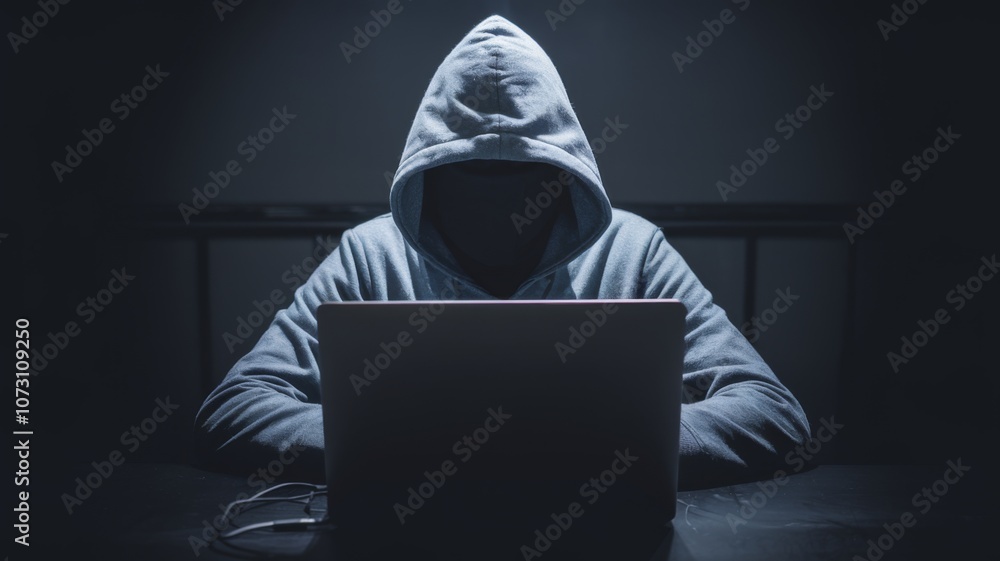 Hooded Figure Engaged in Cybercrime Activity on Laptop in Dark Room Hooded Figure Engaged in Cybercrime Activity on Laptop in Dark Room
