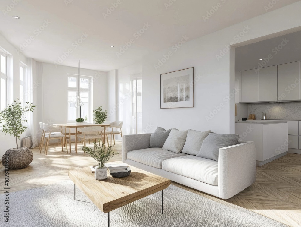 Modern Living Room with White Sofa, Wooden Table, and White Kitchen View Modern Living Room with White Sofa, Wooden Table, and White Kitchen View