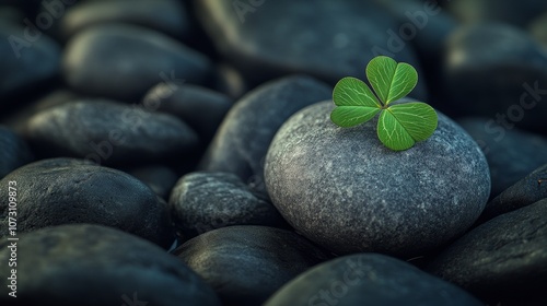 Wallpaper Mural Macro image of a green clover leaf resting on a smooth round rock surrounded by dark rocks Torontodigital.ca