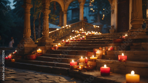 An outdoor scene with multiple diya lamps lining a traditional stone staircase, showcasing the welcoming spirit of Diwali photo