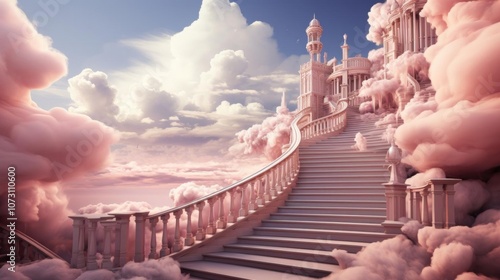 A castle with a pink sky and a pink staircase