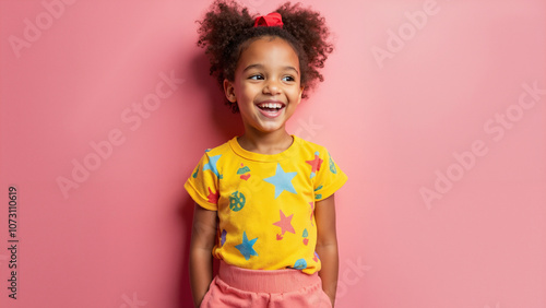 Excited Young Girl in Bright Outfit: Perfect for Black Friday Ads, Children's Fashion, and Holiday Shopping Campaigns