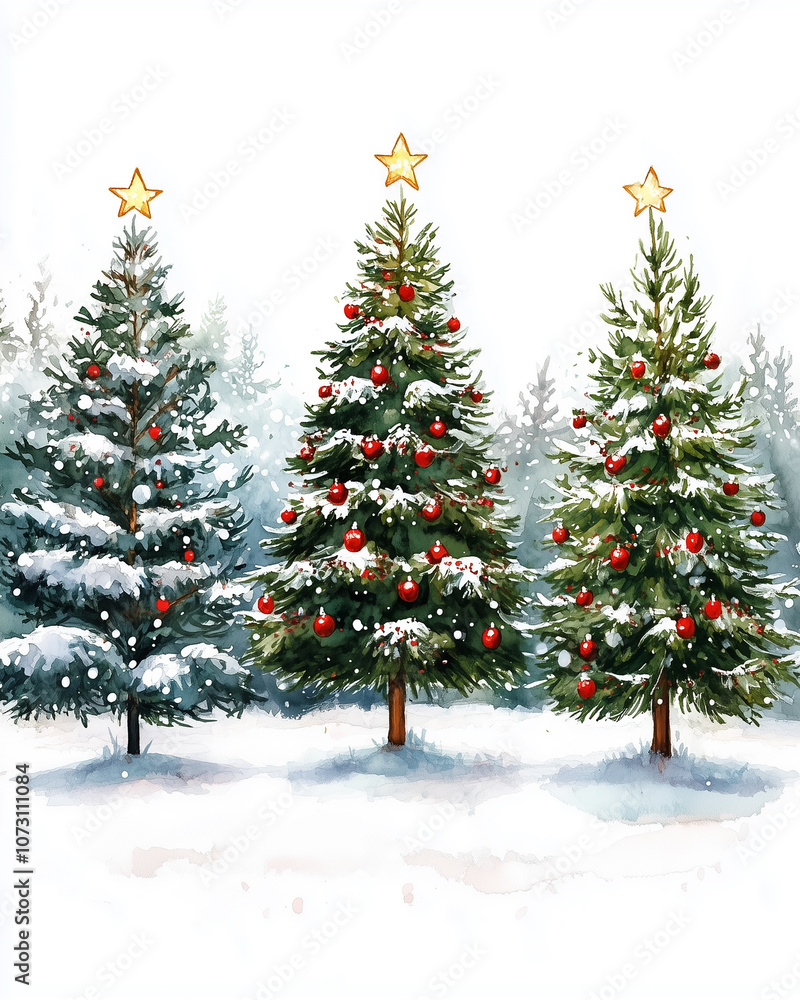 Obraz premium A cozy and inviting winter card featuring three beautifully decorated Christmas trees.
