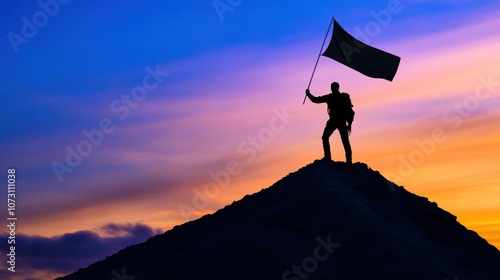 An adventurer stands triumphantly on a summit, raising a flag as the colorful dusk sky casts a breathtaking backdrop