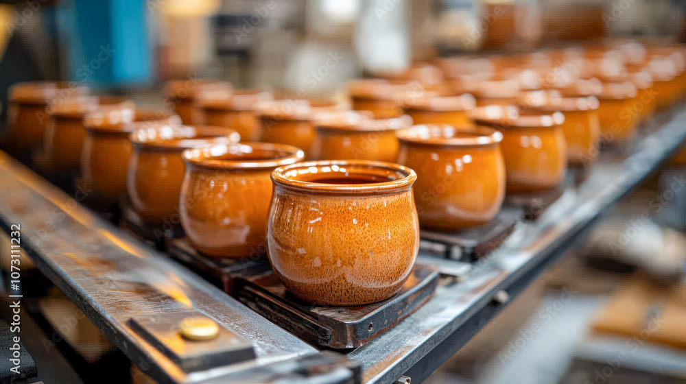 Ceramic pots on assembly line in factory for mass production Ceramic pots on assembly line in factory for mass production