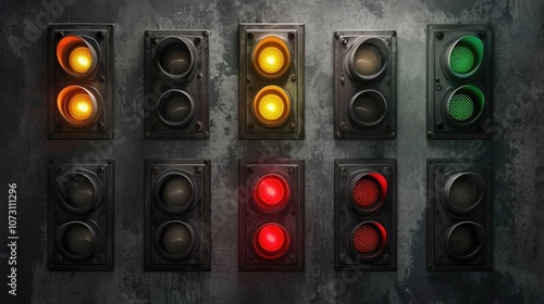 An array of traffic lights in various states, ready to guide the flow of vehicles. photo