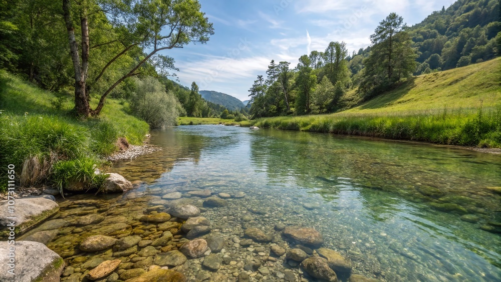 Serene Small River Flowing Through Nature with Stone Bottom and Clear Water Leading to a Tranquil Water Reservoir in a Lush Green Environment Serene Small River Flowing Through Nature with Stone Bottom and Clear Water Leading to a Tranquil Water Reservoir in a Lush Green Environment