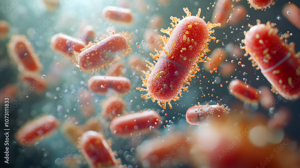 Close-up of bacteria floating in liquid environment, highlighting microbiology and scientific research Close-up of bacteria floating in liquid environment, highlighting microbiology and scientific research