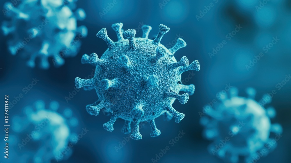 Health risks and disease assessment concept. A close-up view of a virus, detailed in blue tones, showcasing its structure and spikes, representing microscopic life and health threats. Health risks and disease assessment concept. A close-up view of a virus, detailed in blue tones, showcasing its structure and spikes, representing microscopic life and health threats.