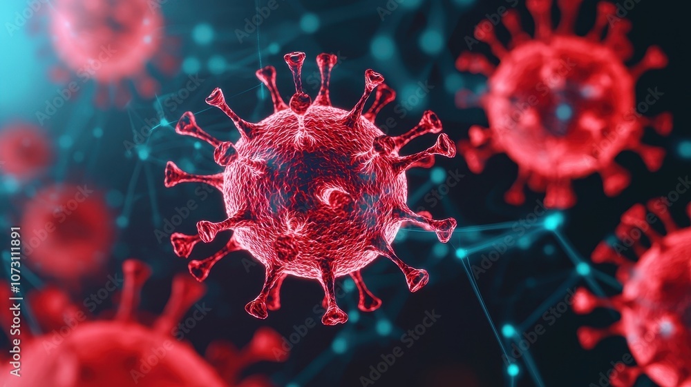 Health risks and disease assessment concept. A detailed illustration of a virus, showcasing its structure with spikes, depicted in vibrant red tones against a blue background. Health risks and disease assessment concept. A detailed illustration of a virus, showcasing its structure with spikes, depicted in vibrant red tones against a blue background.
